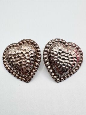 Big Hammered Silver Puffy Heart Stud Earrings Milagro Style Artisan Acid Tested